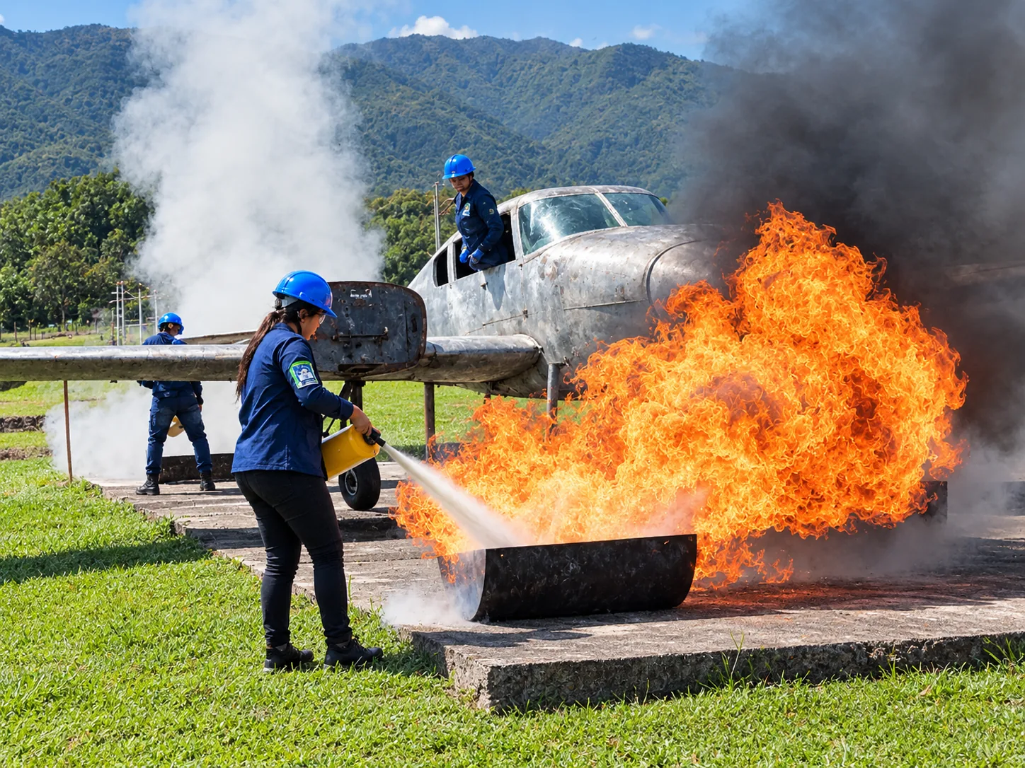 Estudiante apaga un incendio junto a una avioneta de entrenamiento durante un simulacro