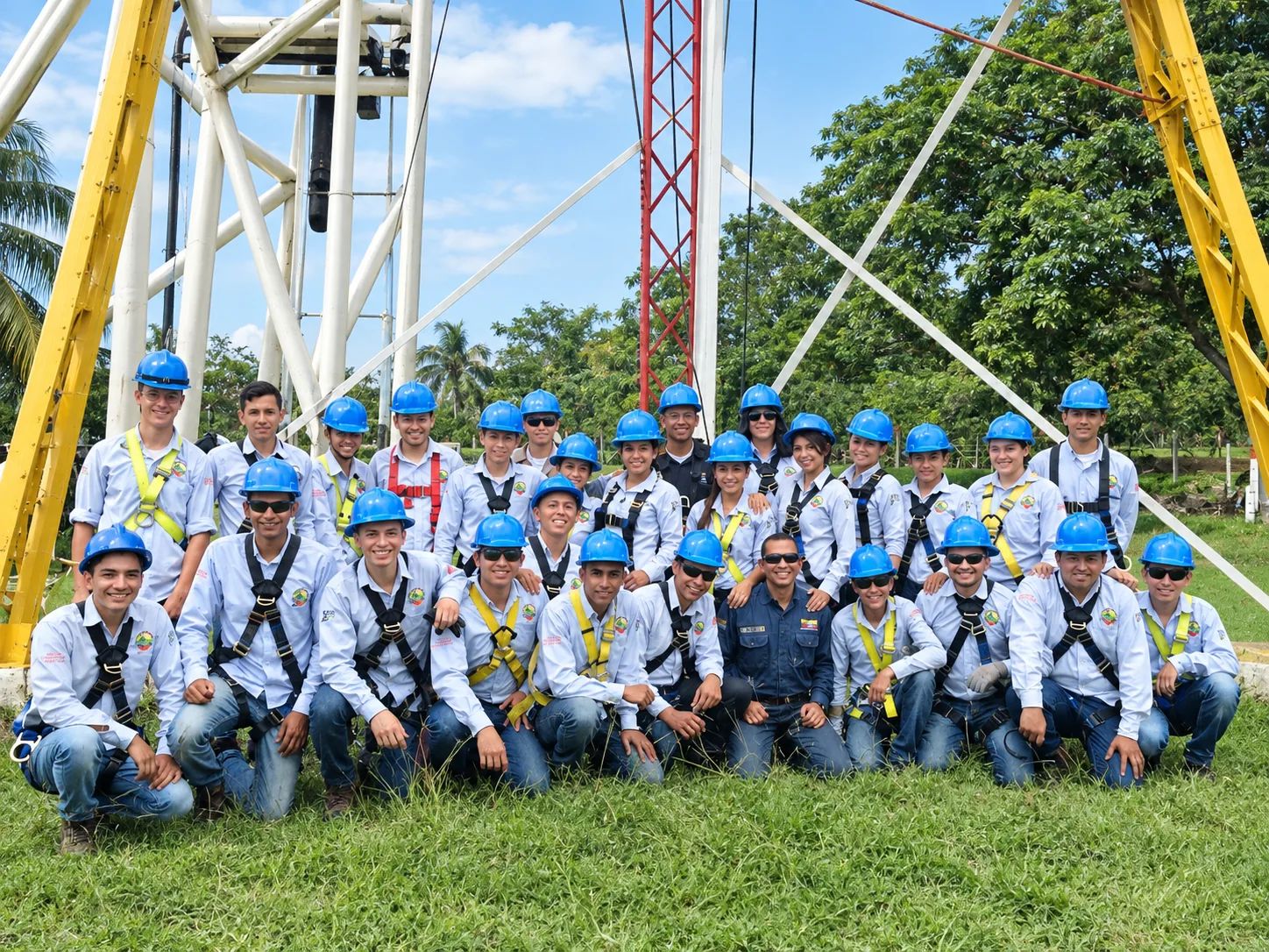 Grupo de estudiantes con casco y arnés frente a la torre de entrenamiento