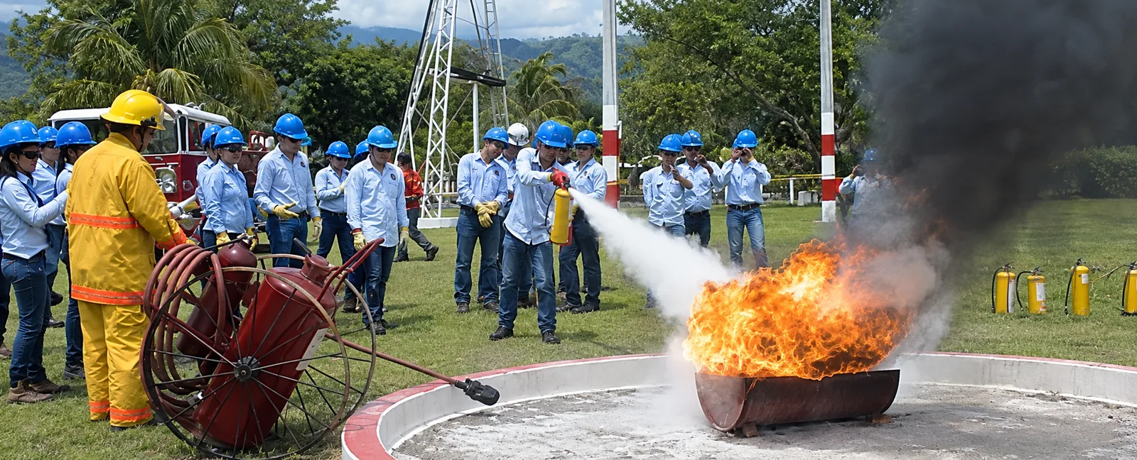 Estudiante con traje de protección apaga un fuego con una manguera mientras el grupo observa