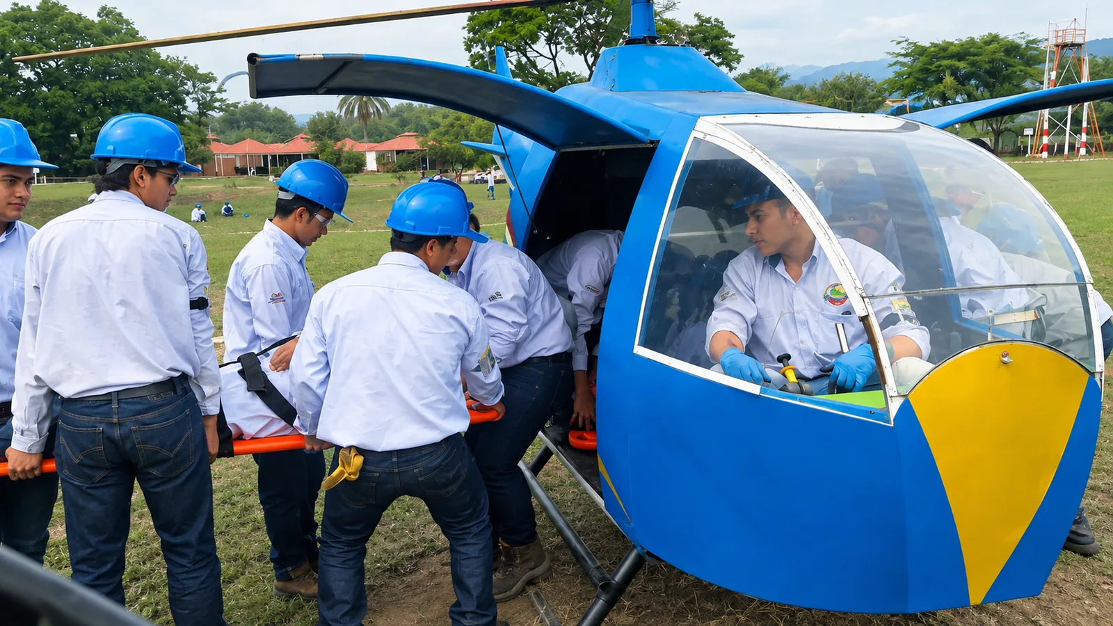 Estudiantes practican el traslado de una persona en camilla desde una cabina de helicóptero de entrenamiento