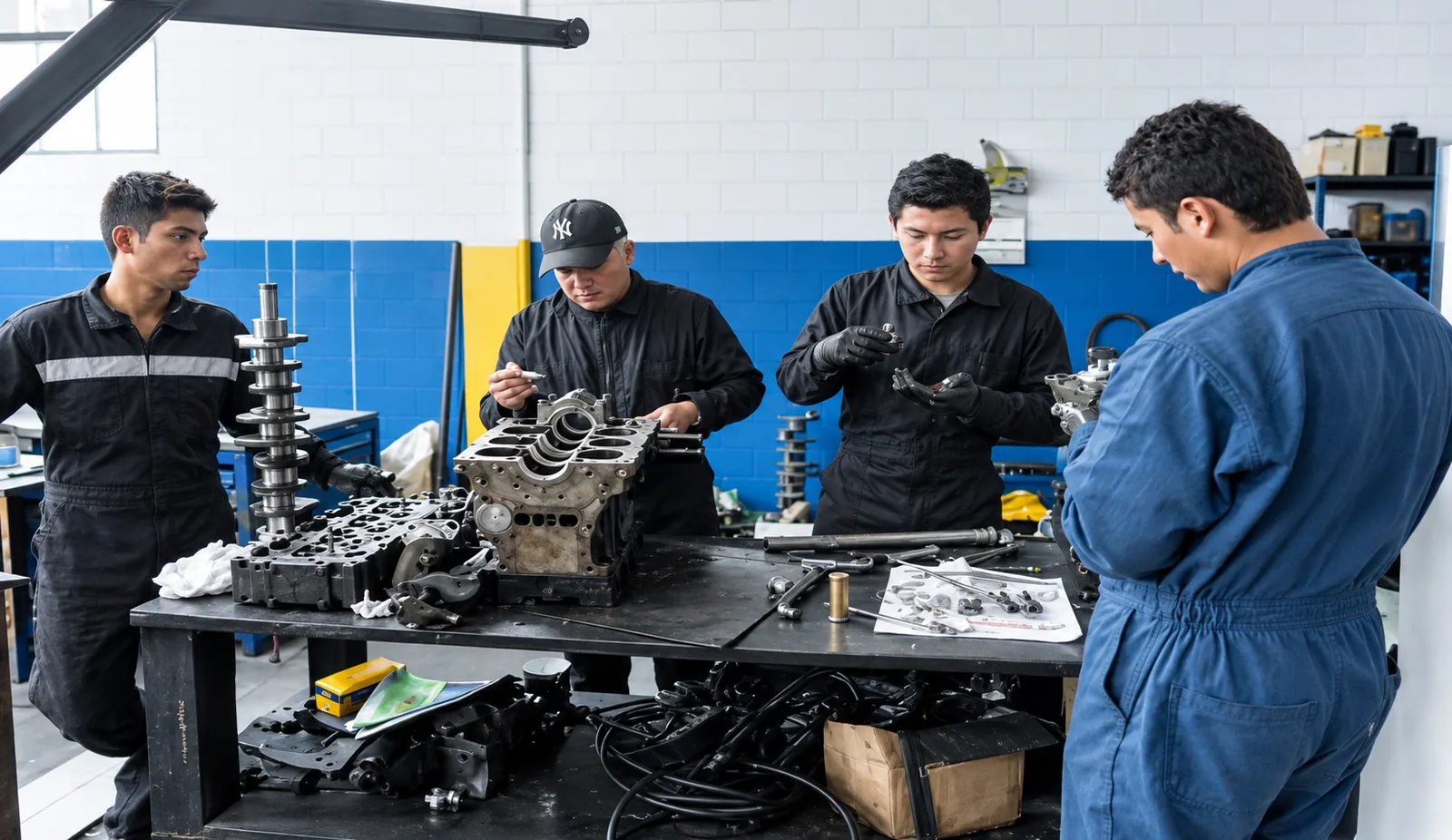 Estudiantes con overol trabajan con piezas de motor en el taller de mecánica