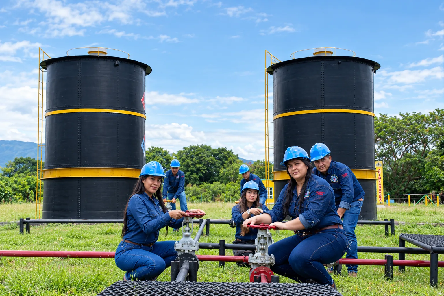 Estudiantes operan válvulas junto a dos tanques de almacenamiento en la zona de prácticas