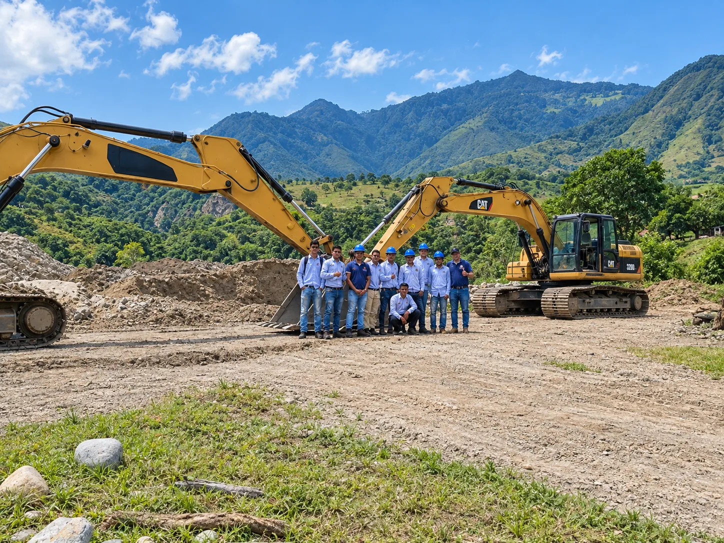 Grupo de estudiantes con casco junto a dos excavadoras durante una práctica de campo