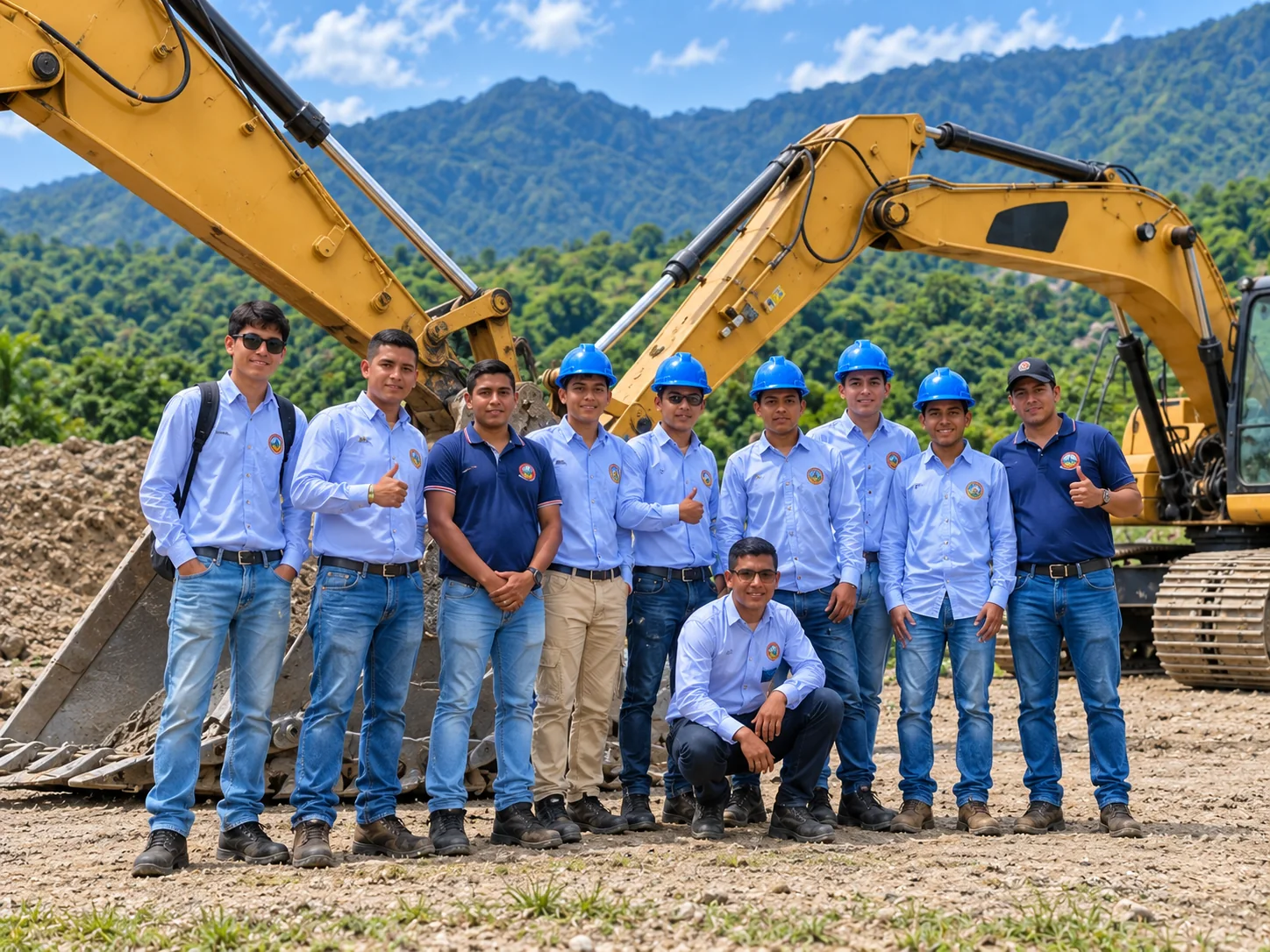 Grupo de estudiantes con casco y camisa de la escuela junto a dos excavadoras durante una práctica de campo