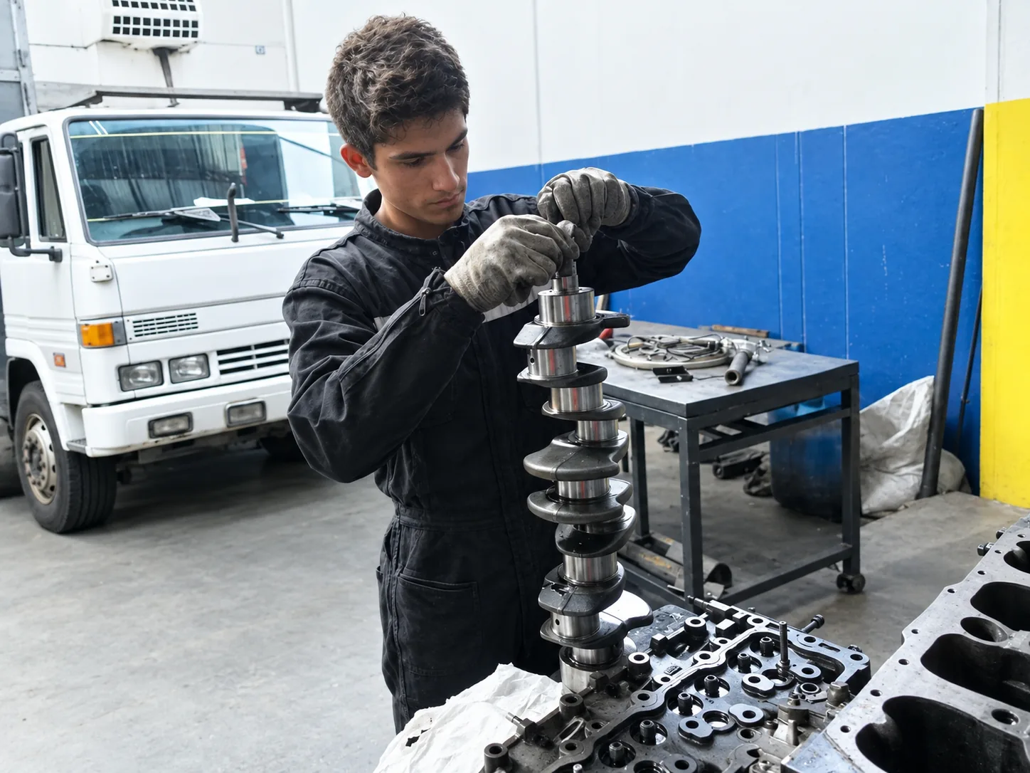 Estudiante con guantes revisa un cigüeñal sobre el banco del taller de mecánica