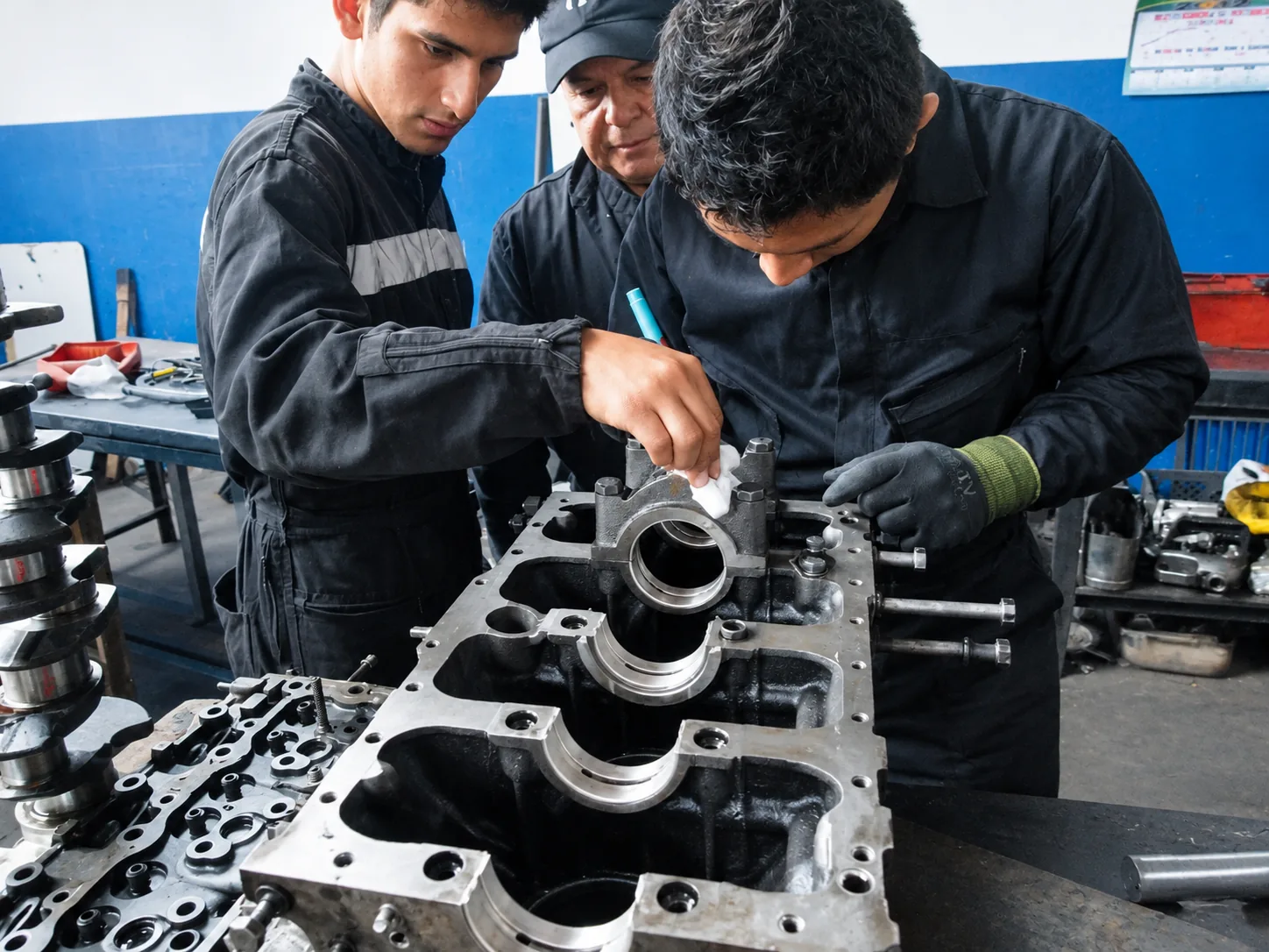 Estudiantes armando un motor en el taller de mecánica