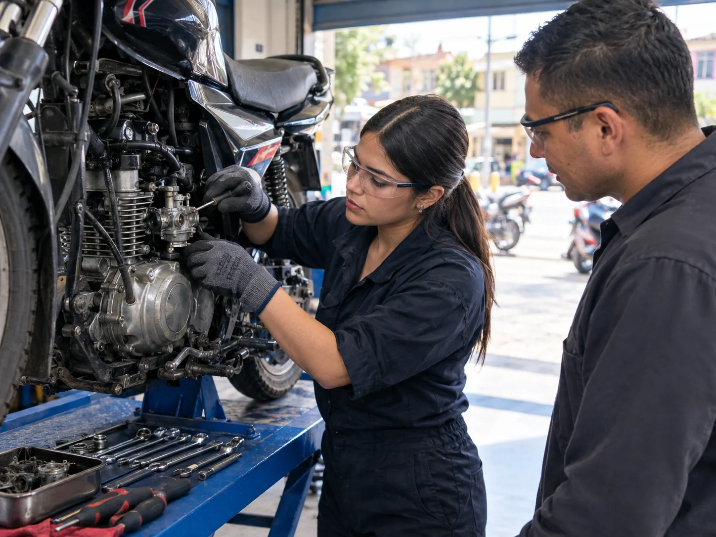 Estudiante reparando una moto con su instructor