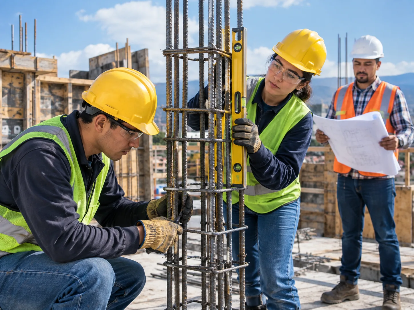 Estudiantes armando el acero de una columna en obra