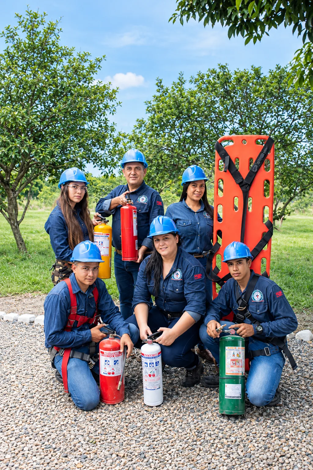 Estudiantes de seguridad industrial con extintores y camilla de rescate